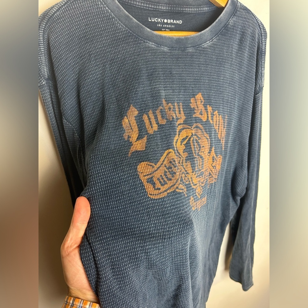 VTG Lucky Brand dungarees waffle knit shirt Mens Size L Navy Blue Cozy Comfortab - Picture 3 of 11